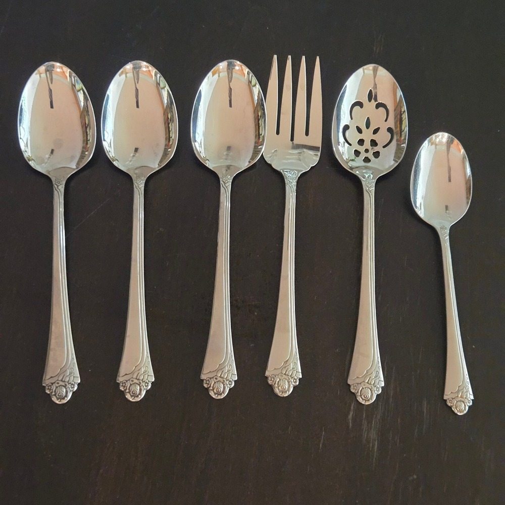 Oneida Community Fantasy Rose Serving Set 6pc Glossy Fork slotted Spoons‎ Nice!